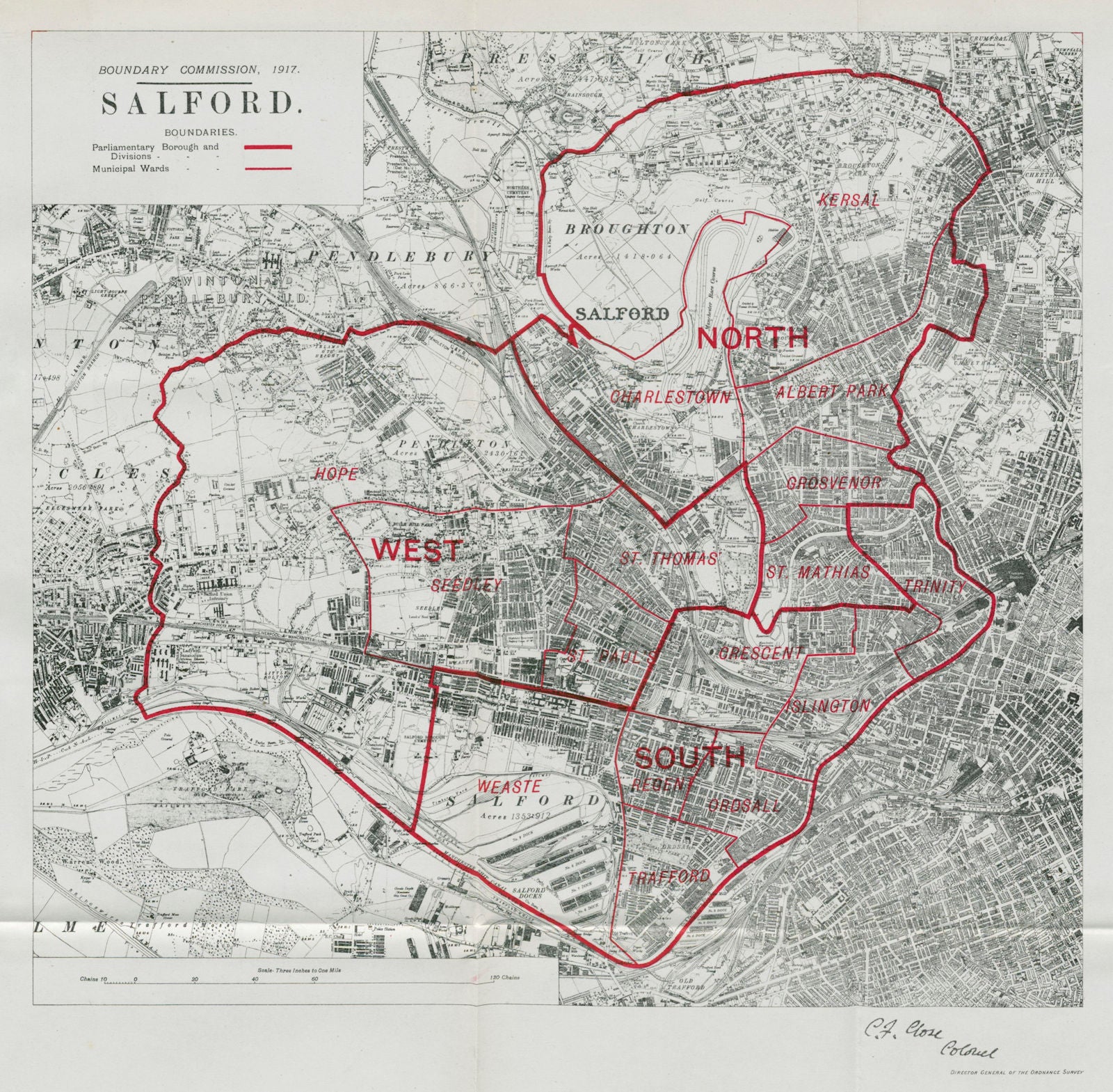 Salford Parliamentary Borough. Manchester. BOUNDARY COMMISSION. Close 1917 map